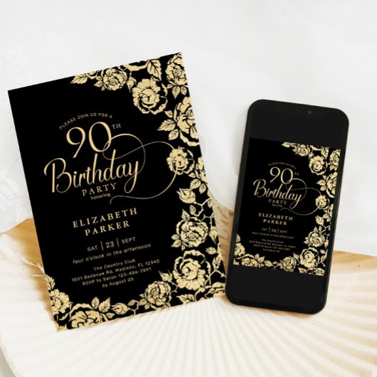 Elegante 90ste verjaardag zwart gouden Rozen Kaart