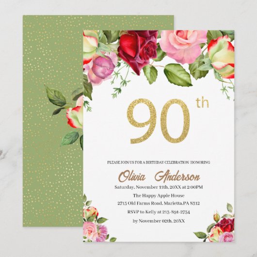 Elegante 90ste verjaardagsviering waterverf glit kaart (Voorkant / Achterkant)