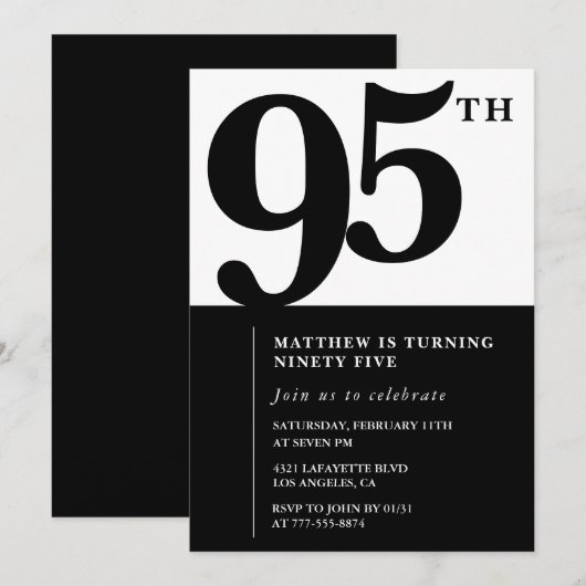 Elegante 95e verjaardag uitnodiging Black Chic Mod (Voorkant / Achterkant)
