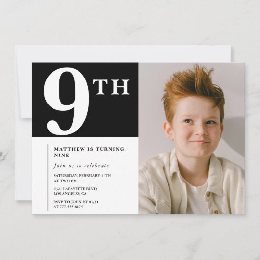 Elegante 9e verjaardag uitnodiging Black Boy Foto (Voorkant)