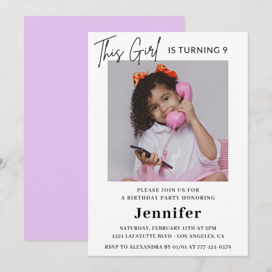 Elegante 9e verjaardag uitnodigingen Foto Meisje M (Voorkant / Achterkant)