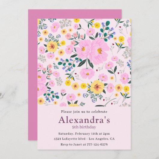 Elegante 9e verjaardag uitnodigingen Pink Floral C (Voorkant / Achterkant)