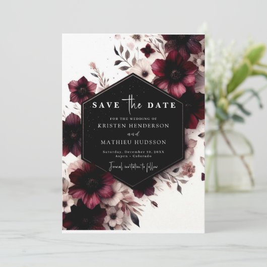 Elegante aangepaste Bourgogne bruiloft Save The Date (Staand voorkant)