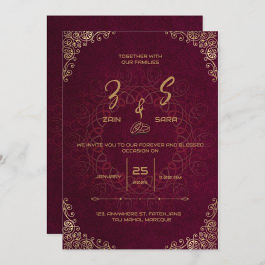 Elegante aangepaste Bourgogne bruiloft uitnodiging (Voorkant / Achterkant)