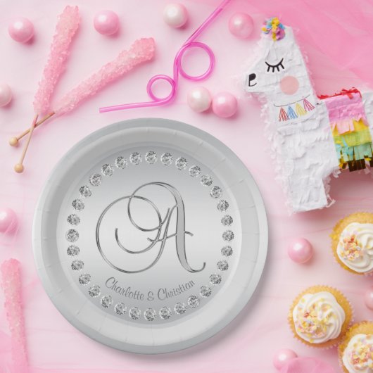 Elegante aangepaste diamant zilveren monogram brui papieren bordje (Feest)