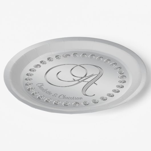 Elegante aangepaste diamant zilveren monogram brui papieren bordje (Gekanteld)