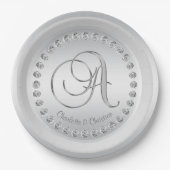 Elegante aangepaste diamant zilveren monogram brui papieren bordje (Voorkant)