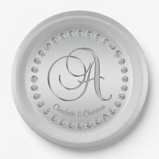 Elegante aangepaste diamant zilveren monogram brui papieren bordje (Voorkant)