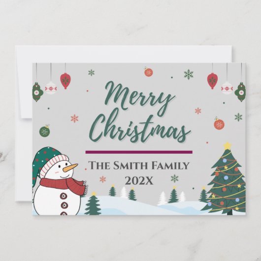 Elegante aangepaste familienaam & Snowman Kerstmis Feestdagenkaart (Voorkant)
