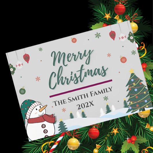 Elegante aangepaste familienaam & Snowman Kerstmis Feestdagenkaart