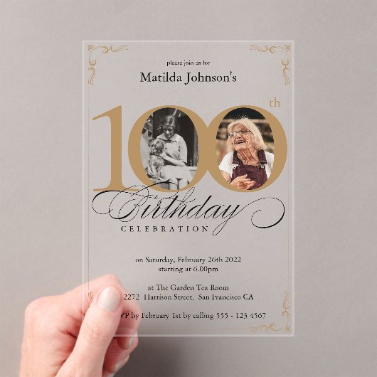 Elegante aangepaste foto 100ste verjaardagsfeest acryl uitnodigingen (Insitu (Draagbaar))