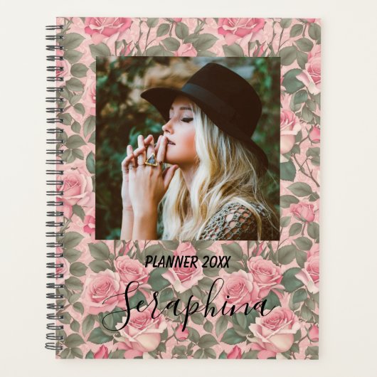 Elegante aangepaste foto roze rozen planner (Voorkant)