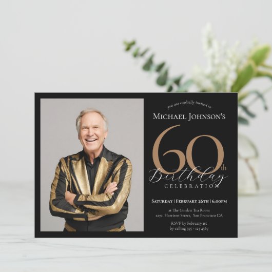 Elegante aangepaste foto zwart goud 60e verjaardag kaart (Staand voorkant)