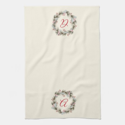 Elegante aangepaste monogram kerstkrans theedoek (Verticaal)