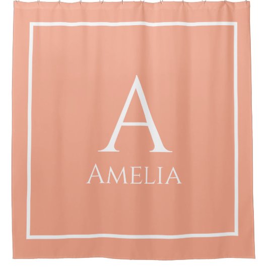 Elegante aangepaste naam Monogram Perzik en wit Douchegordijn (Voorkant)