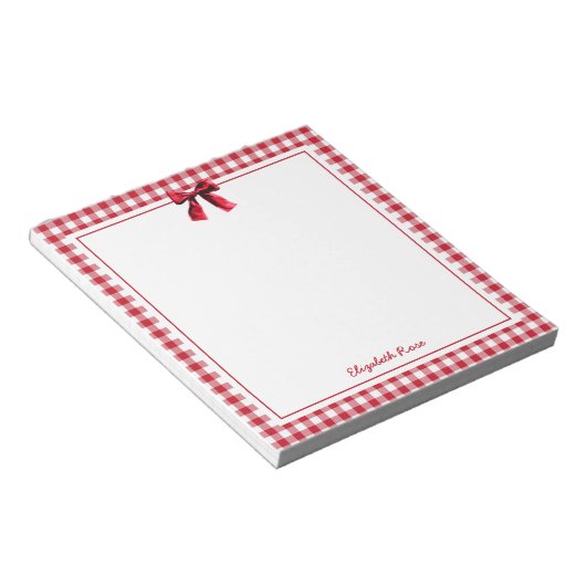 Elegante aangepaste naam Red Plaid Coquette Bow Notitieblok (Schuin)