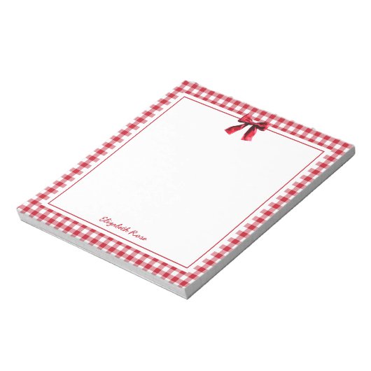 Elegante aangepaste naam Red Plaid Coquette Bow Notitieblok (Linkerzijde)
