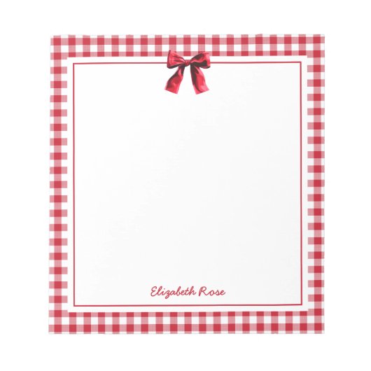 Elegante aangepaste naam Red Plaid Coquette Bow Notitieblok (Voorkant)