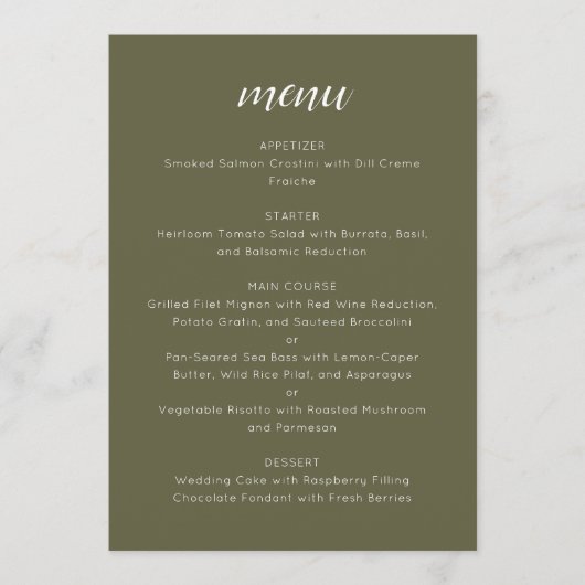 Elegante Aangepaste Trouwmenu Sjabloon Olijfmossen Menu (Voorkant)