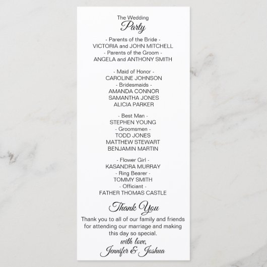 Elegante aangepaste witte zwarte trouwprogramma's programmakaart (Achterkant)