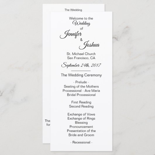 Elegante aangepaste witte zwarte trouwprogramma's programmakaart (Voorkant / Achterkant)