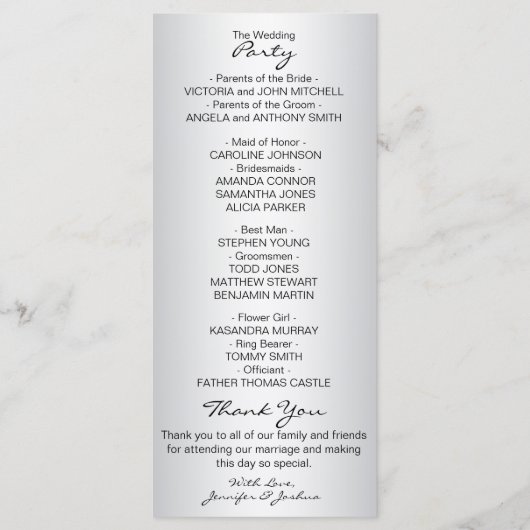 Elegante aangepaste zilveren zwarte bruiloft progr programmakaart (Achterkant)