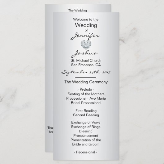 Elegante aangepaste zilveren zwarte bruiloft progr programmakaart (Voorkant / Achterkant)