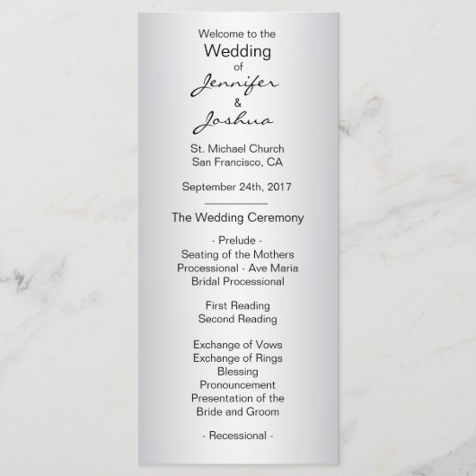 Elegante aangepaste zilveren zwarte bruiloft progr programmakaart (Voorkant)