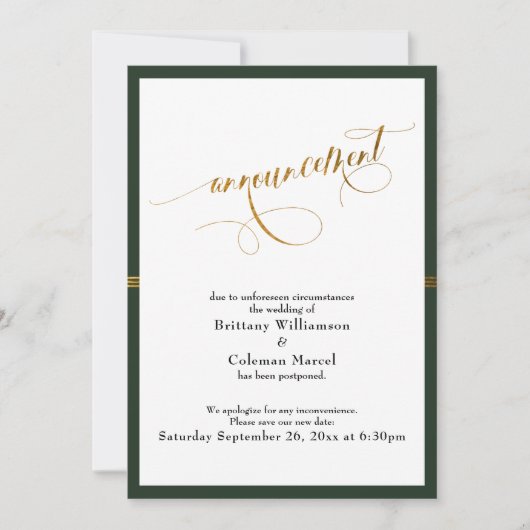 Elegante aankondiging groen & goud gestreepte kaar (Voorkant)