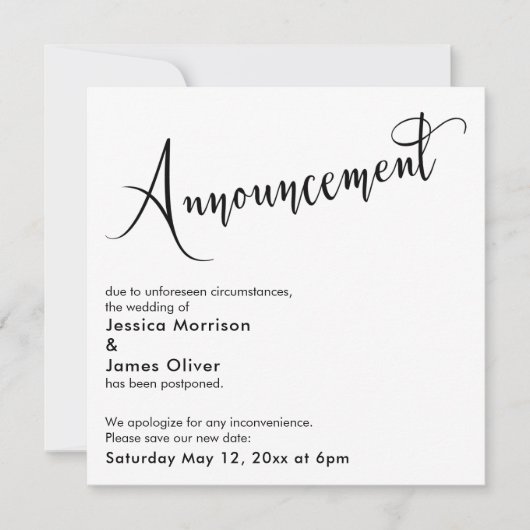 Elegante "Aankondiging" Uitgestelde Trouwkaart Kaart (Voorkant)