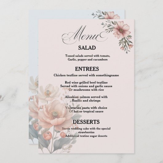 Elegante Aanpasbare Bloemen Bruiloftsmenu Kaart (Voorkant / Achterkant)