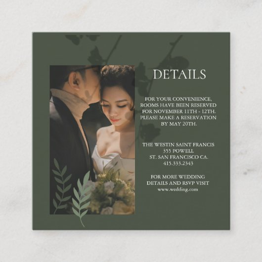 Elegante aanpasbare olijfgroene trouw informatiekaartje (Voorkant)