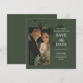 Elegante aanpasbare olijfgroene trouw save the date (Voorkant / Achterkant)