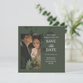 Elegante aanpasbare olijfgroene trouw save the date (Staand voorkant)