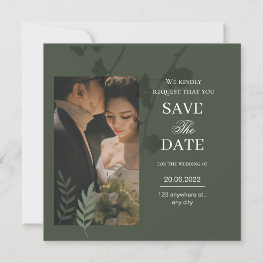 Elegante aanpasbare olijfgroene trouw save the date (Voorkant)