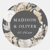 Elegante aardachtige bloemen donker grijs bruiloft ronde sticker (Voorkant)