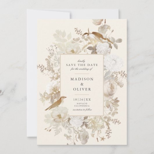 Elegante aardachtige bloemencrème bruiloft bewaar  kaart (Voorkant)