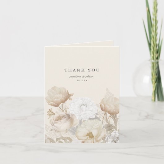 Elegante aardachtige bloemencrème neutrale chique  bedankkaart (Voorkant)