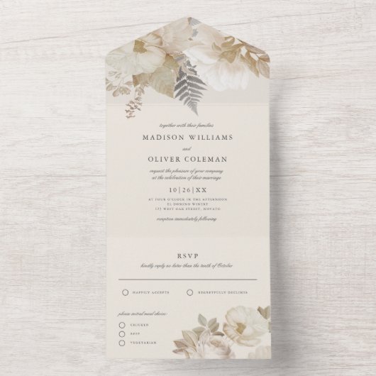 Elegante aardachtige bloemige botanische crème bru all in one uitnodiging (Binnen)