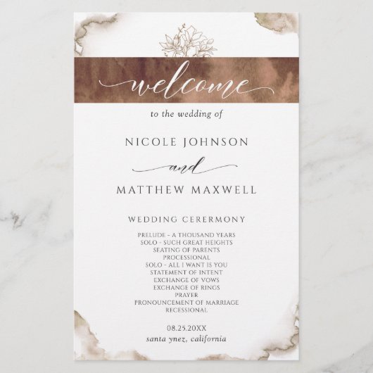 Elegante Aardetinten Watercolor Huwelijksprogramma (Voorkant)