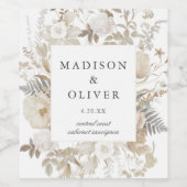 Elegante Aardse Bloemige Witte Bruiloft Wijn Etiket (Enkel label)