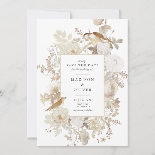 Elegante Aardse Bloemige Witte Trouwkaart Save The Kaart (Voorkant)