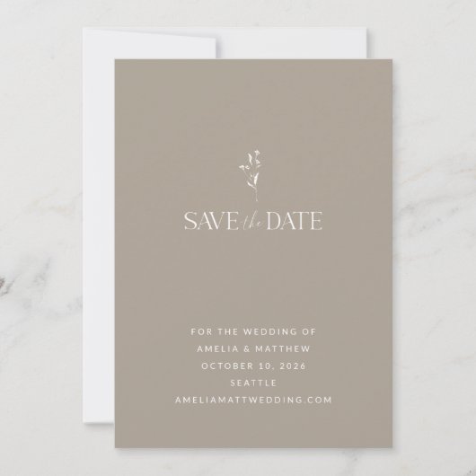 Elegante aardse minimalistische botanische taupe b save the date (Voorkant)