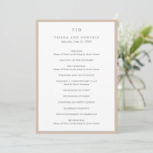 Elegante aardse neutrale monogram moderne trouwdag programmakaart