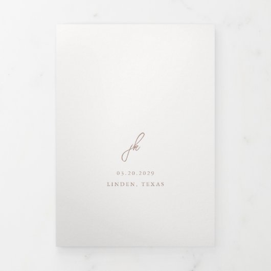 Elegante aardse neutrale script monogram bruiloft drieluik uitnodiging (Cover)