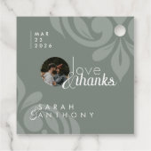 Elegante Aardse Olijf Damast Foto Trouwronde Bedankjes Labels (Achterkant)