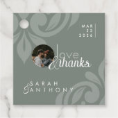 Elegante Aardse Olijf Damast Foto Trouwronde Bedankjes Labels (Voorkant)