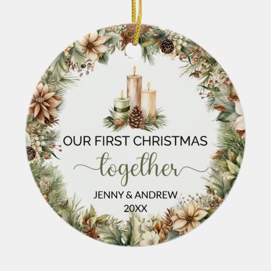 Elegante aardse tinten Onze Eerste Kerstmis Keramisch Ornament (Voorkant)