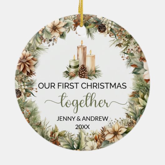 Elegante aardse tinten Onze Eerste Kerstmis Keramisch Ornament (Achterkant)