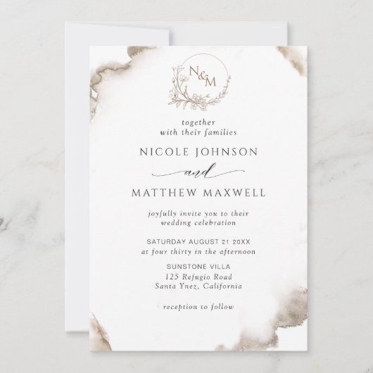 Elegante aardse tinten Waterverf, monogram bruilof Kaart (Voorkant)